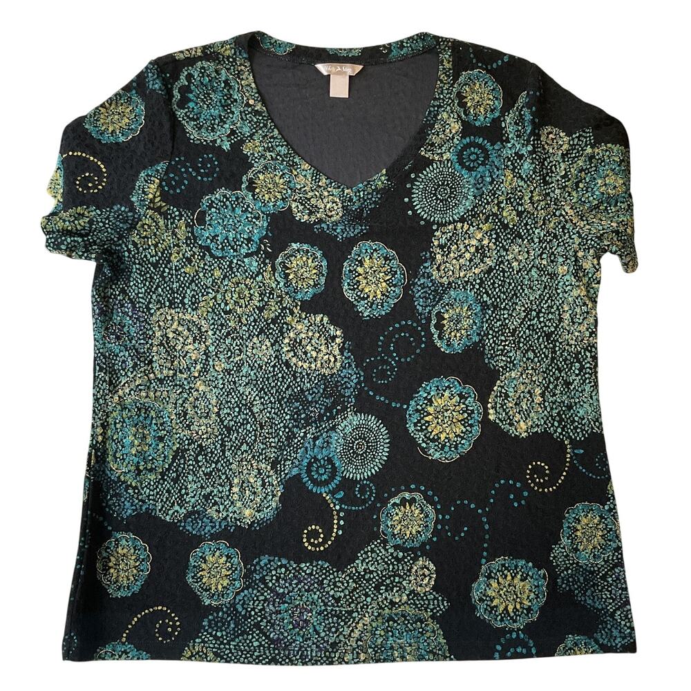 White Stag Women Blouse Shirt XL/XG (16-18) Black Geometric Scoop Neck Pullover